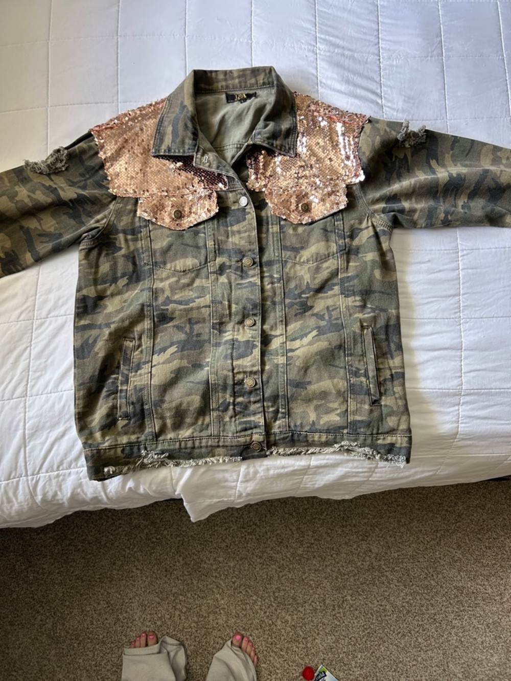 L&B Camo Jean Jacket with Rose Gold Sequin Yoke